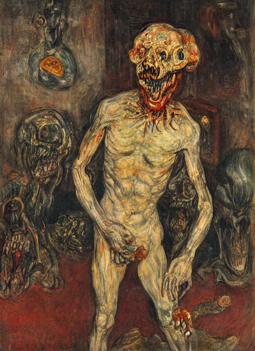 Prompt: a teratoma exploding in the middle of a museum room realizing that he has consciousness painted by james ensor goya and giorgio de chirico