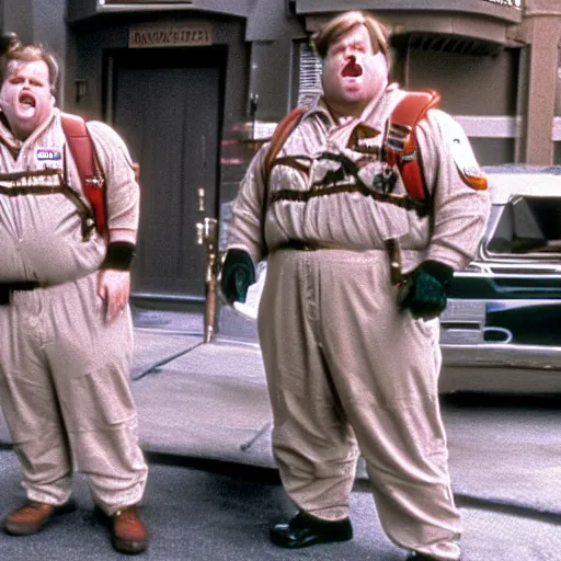 Image similar to Chris Farley as a Ghostbuster in a still from the movie Ghostbusters 8k hdr highly detailed