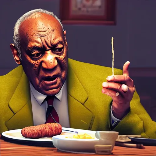 Image similar to bill cosby eating sausages, rapture, bioshock, photorealistic, 4 k, ultra realistic. isometric