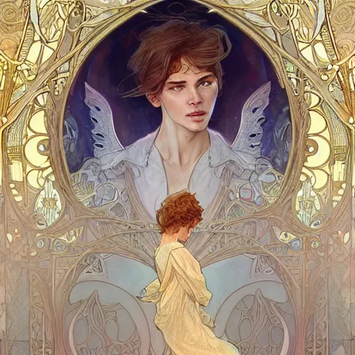 Prompt: an angelic boy, highly detailed, very intricate, art nouveau, gold filigree, romantic storybook fantasy, soft cinematic lighting, award winning, disney concept art watercolor illustration by mandy jurgens and alphonse mucha and alena aenami, pastel color palette, featured on artstation