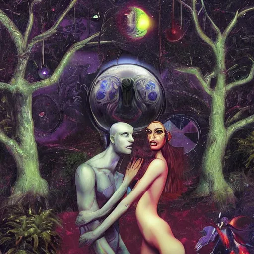 Prompt: two lovers channeling third eye energy in a dark room surrounded by a background of dark cyber mystic garden of earthly delights, midnight hour, by leon spillaert, artstation