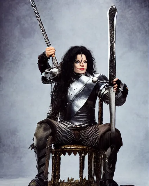 Prompt: michael jackson as king conan, directed by john millius, photorealistic, sitting on a metal throne, wearing ancient cimmerian armor, a battle axe to his side, he has a beard and graying hair, cinematic photoshoot in the style of annie leibovitz, studio lighting