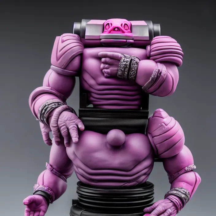 Prompt: photograph of a real-life beautiful Krang standing with black jar Extremely detailed. 8k