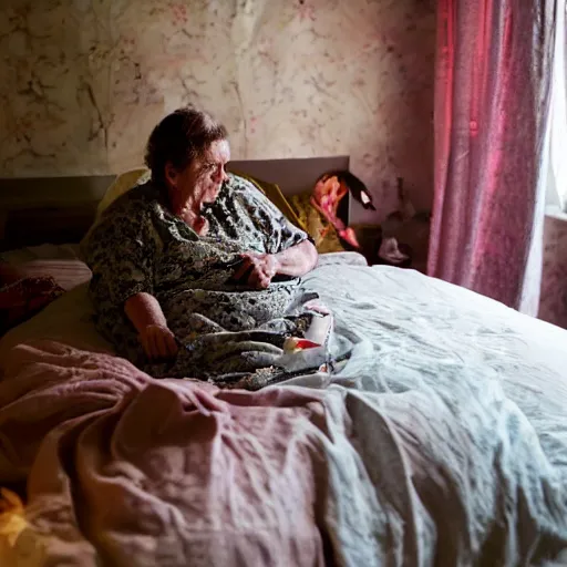 Image similar to older woman inside her bedroom, dramatic colored lighting, mysterious ambiance : : gregory crewdson photo style : : nikon d 8 1 0, ƒ / 2. 5, focal length : 8 5. 0 mm, exposure time : 1 / 8 0 0, iso : 2 0 0