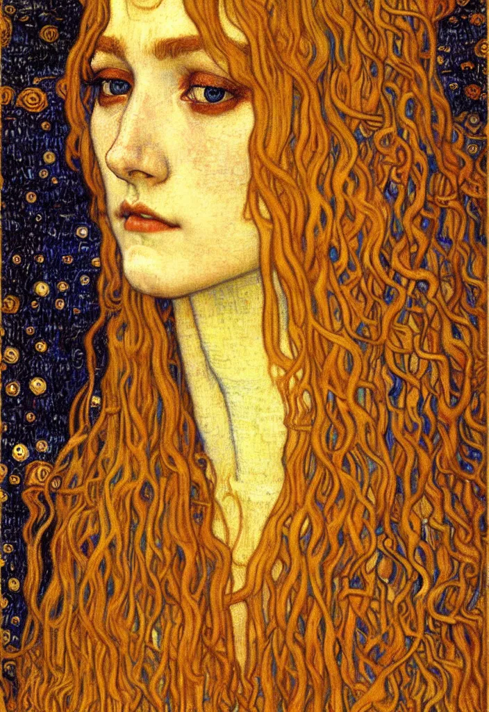 Image similar to detailed realistic beautiful young medieval queen face portrait by jean delville, gustav klimt and vincent van gogh, art nouveau, symbolist, visionary, gothic, pre - raphaelite, muted earthy colors, desaturated