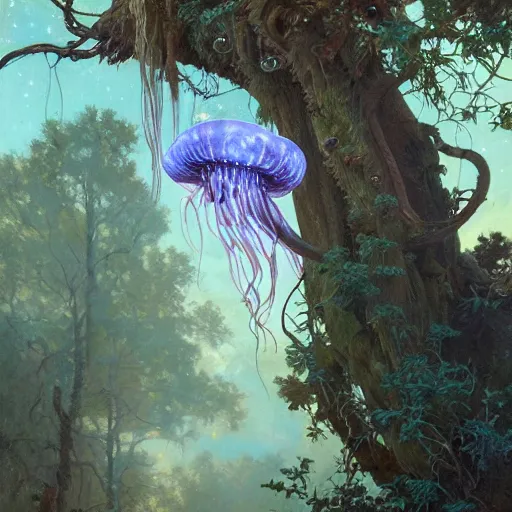 Prompt: a realistic oil painting of a jellyfish panther hunting on a tree branch, at night with a sky full of stars, highly detailed, trending on artstation, by james gurney and michael whelan and krenz cushart and alphonse mucha