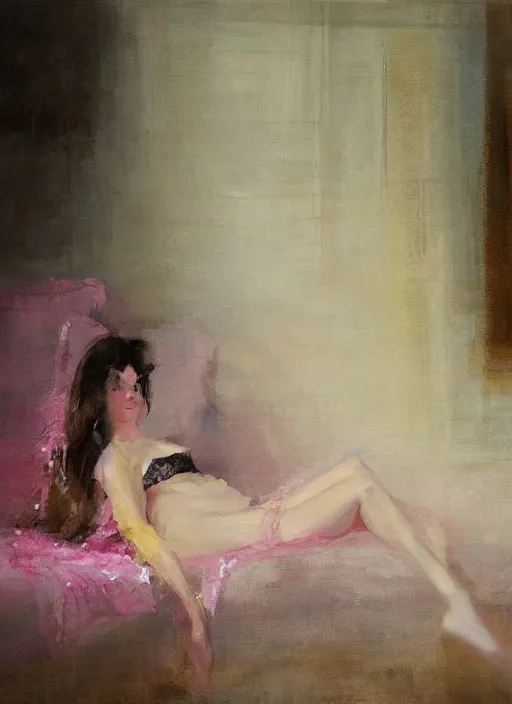 Prompt: painting of a woman reclined on a couch, wearing a pink lace bralette and draped in a pale yellow silk sheet, by Jeremy Mann, stylized, detailed, loose brush strokes, soft tones, intimate, beautiful, flowing