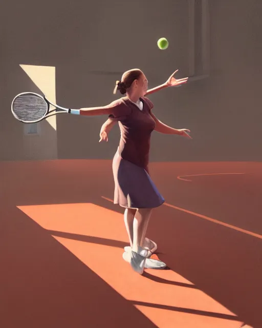 Prompt: woman playing tennis painted by George Tooker volumetric lighting, back lighting, rimlight, dramatic lighting, digital painting, highly detailed, artstation, sharp focus, illustration, Artgerm, Jean-Léon Gérôme , ruan jia