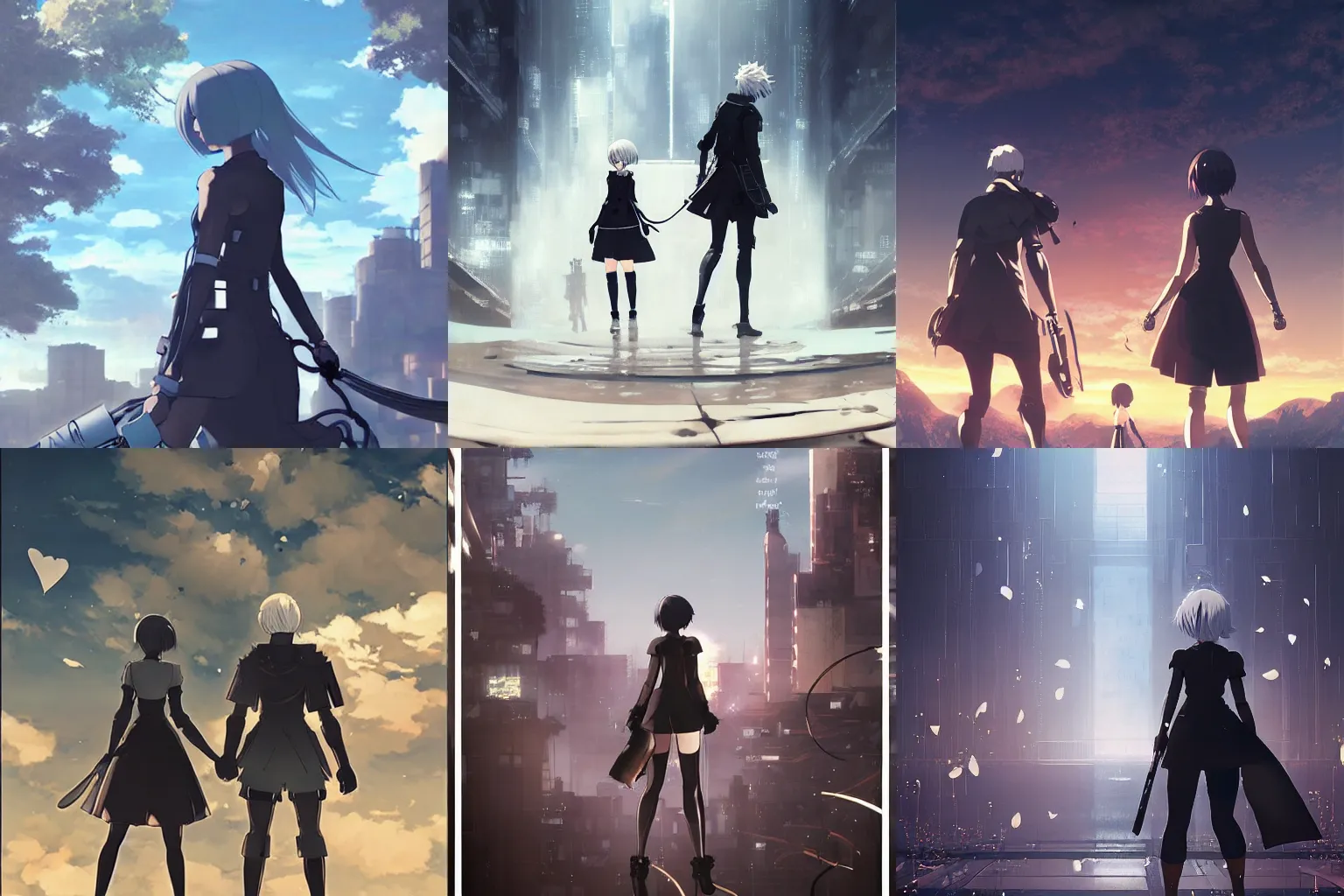 Prompt: movie poster of nier automata by makoto shinkai