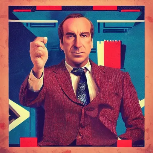 Image similar to “ dystopian propaganda poster of saul goodman as an evil overlord ”