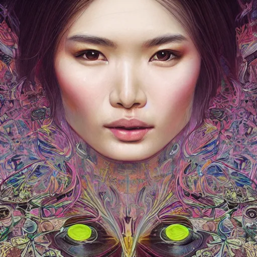 Image similar to portrait of gemma chan, hyper detailed masterpiece, neon floral pattern, jean giraud, digital art painting, darkwave goth aesthetic, psychedelic, artgerm, donato giancola and tom bagshaw