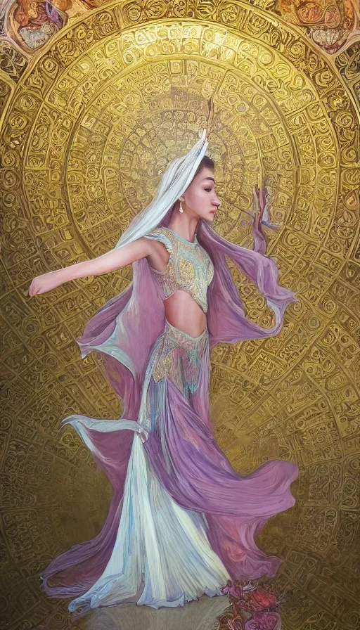 Prompt: dance meditation, madison beer, long beautiful voluminous medieval court dress with train and embroidered flowers, highly detailed, glowing, action pose, cinematic, art deco, gold filigree, ethereal, alfonso mucha, zdzisław beksinski, andrei ryabovichev, shaun tan, chriss foss, peter mohrbacher, 4 k