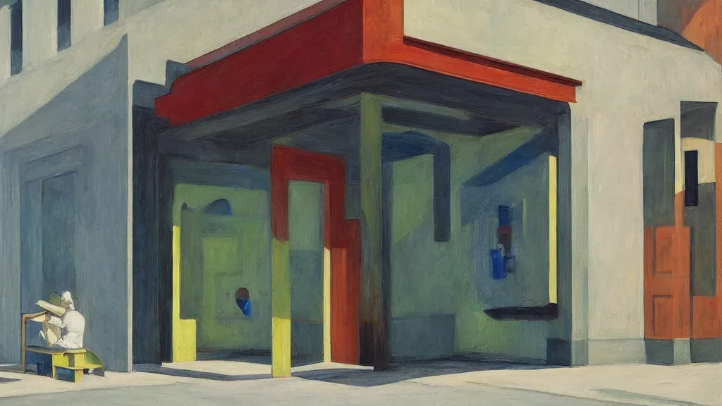 Prompt: Street art. paralyzed by the indescribable beauty of the cosmos. facade of the entrance to the museum. art style by Edward Hopper daring, incredible