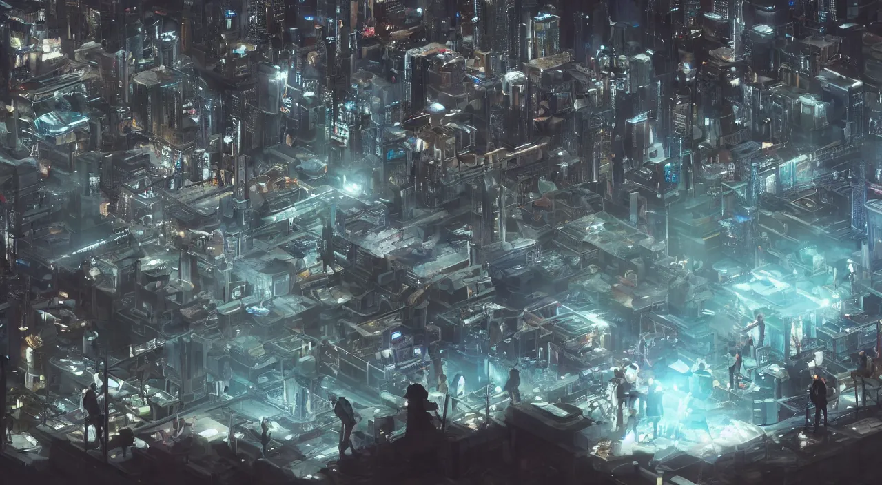 Prompt: large group people in a huge warehouse, looking at hologram of futuristic city on a table | cinematic concept art | godrays | 4 k | clear details | tabletop model | tabletop | hologram foreground
