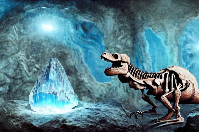 Prompt: dinosaur skeleton in a crystal geode ((in a crystal geode))(((in a crystal geode))), matte-painting