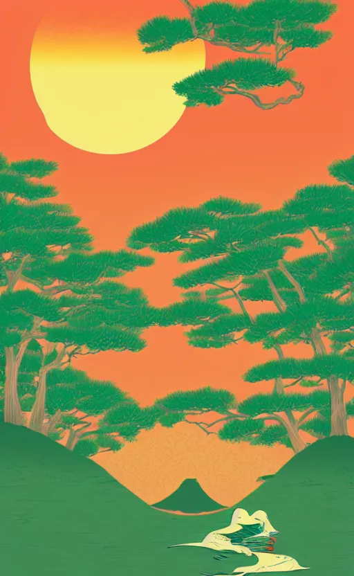 Prompt: hanafuda, huge grus japonensis looking around at a lake in the middle of japanese pines, a big red sun in the background, front game card, vector line art, trending on artstation, concept art, stunning, matte