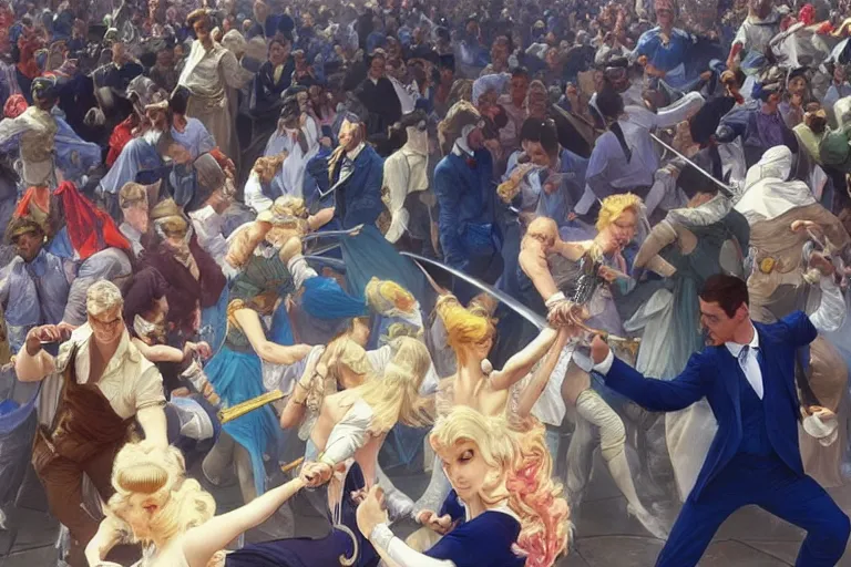 Prompt: a crowd throwing swords at a blond man in a blue suit, surrounded by a crowd, intricate, elegant, ultra realistic illustration, highly detailed, digital painting, artstation, concept art, smooth, sharp focus, illustration, art by artgerm and greg rutkowski and alphonse mucha