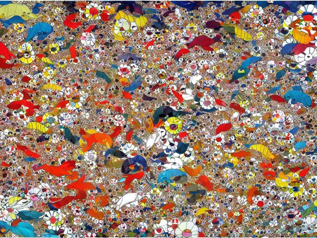 Image similar to colorful koi carp collage by takashi murakami, illustration, concept art, colorful, beautiful, studio ghibli, aoshima chiho, manga, cute and adorable