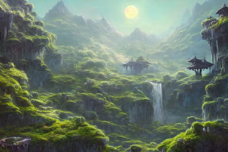 Image similar to Brutalist Shiro in Eden amazing concept painting, by Jessica Rossier , Gleaming White, fey magical lighting, overlooking a valley, Himeji Rivendell Garden of Eden, terraced orchards and ponds, lush fertile fecund, fruit trees, by Brian Froud by Beksinski