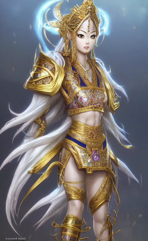 Prompt: realistic render portrait of a asian princess chi master, sacred bone armor crystal and gold, twisting sensously, style like ajani goldmane, like soul land 3 d, 3 d anime by artgerm and greg rutkowski and magali villeneuve, photo, unreal engine, artstation, elegant, ultra detailed, white metallic armour, octane render