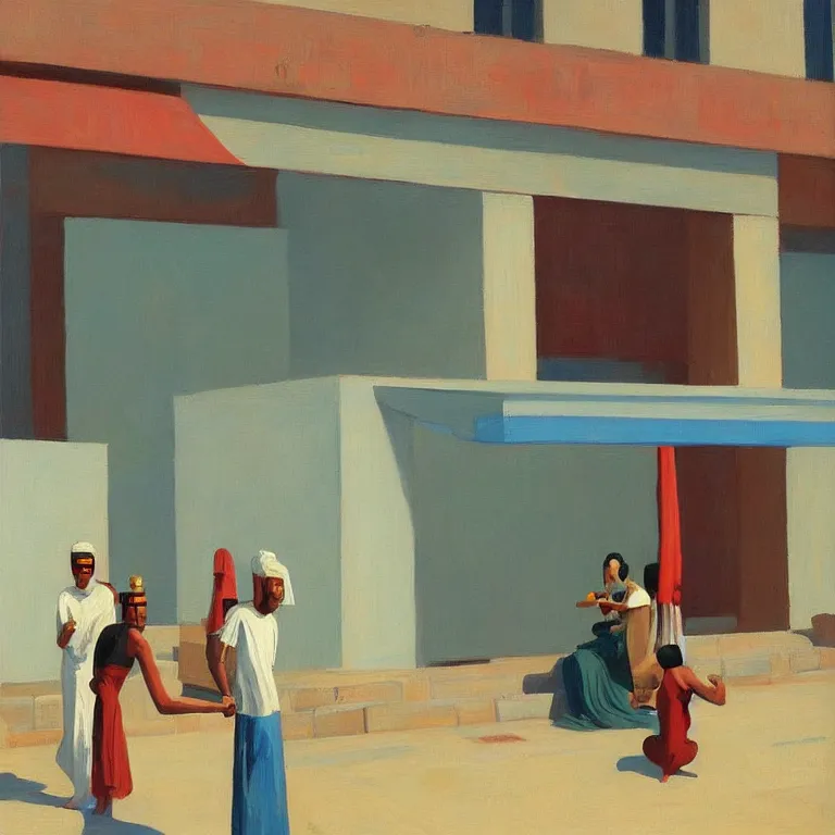Image similar to apple store opening in ancient Egypt for the pharaoh, painted by Edward Hopper, painted by James Gilleard, airbrush
