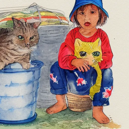 Prompt: a cat wearing a bucket hat and a hawaii shirt, children\'s book watercolor illustration