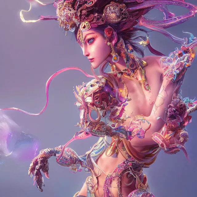 Image similar to studio portrait of colorful female divine mech dancer as absurdly beautiful, elegant, young sensual gravure idol, ultrafine hyperrealistic detailed face illustration by kim jung gi, irakli nadar, intricate linework, sharp focus, bright colors, matte, octopath traveler, final fantasy, unreal engine highly rendered, global illumination, radiant light, intricate environment