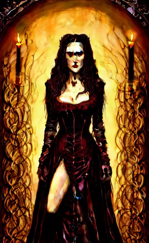 Prompt: jennifer connelly vampire queen, sharp fangs, blood, full body, intricate victorian dress, digital art, cinematic lighting, studio quality, symmetrical eyes, artgerm, joshua middleton, rafael albuquerque, moody lighting, candles, art style by klimt, nixeu and ian sprigger and wlop and krenz cushart