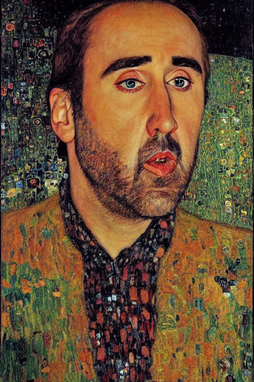 Prompt: Portrait of Nicolas Cage painted by gustav klimt