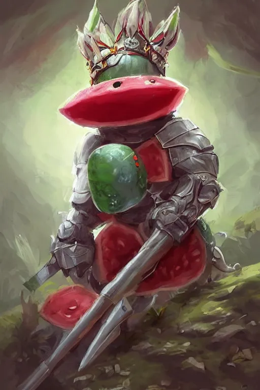 Image similar to cute anthropomorphic watermelon knight wearing a cape and a crown and holding a sniper, tiny, small, miniature bear, baby animal, short, pale blue armor, cute and adorable, pretty, beautiful, DnD character art portrait, matte fantasy painting, DeviantArt Artstation, by Jason Felix by Steve Argyle by Tyler Jacobson by Peter Mohrbacher, cinematic lighting