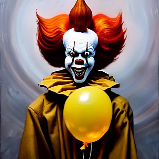 Image similar to portrait of pennywise the clown from it. demonic cenobite. sharp yellow teeth. holding a red balloon. oil painting by lucian freud. path traced, highly detailed, high quality, j. c. leyendecker, drew struzan tomasz alen kopera, peter mohrbacher, donato giancola