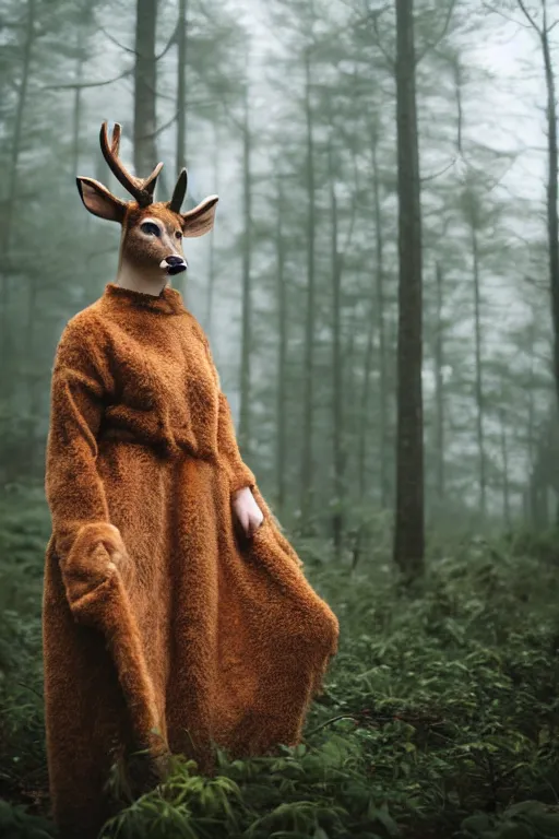 Prompt: photo of a woman in a realistic deer costume, in the morning, in a forest, fog, ambient light