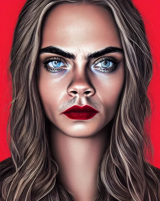 Prompt: highly detailed portrait of cara delevingne by Casey Weldon, 4k resolution, red, black and white color scheme
