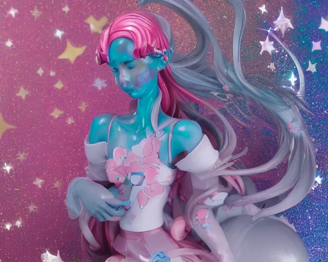 Prompt: James Jean isolated magical girl vinyl figure, figure photography, holographic undertones, glitter accents, anime stylized, high detail, ethereal lighting - H 640