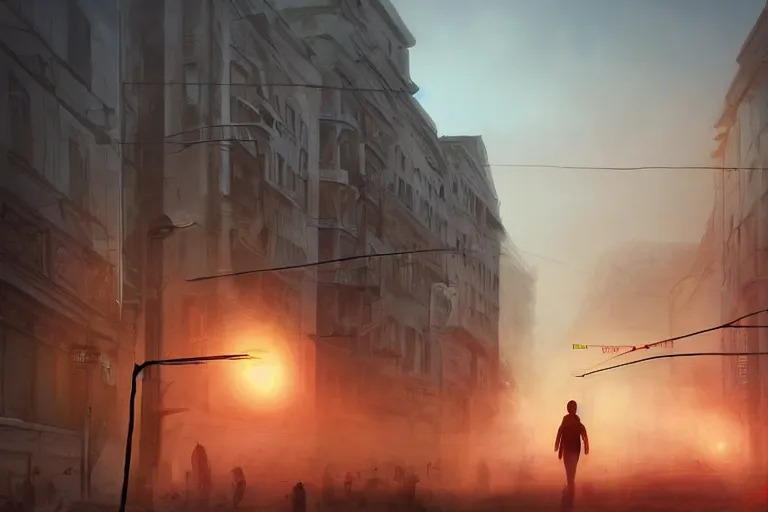 Image similar to artstation, concept art, dramatic lighting, bucharest, sunset, mist, people on the streets, rule of thirds, composition, atmospheric