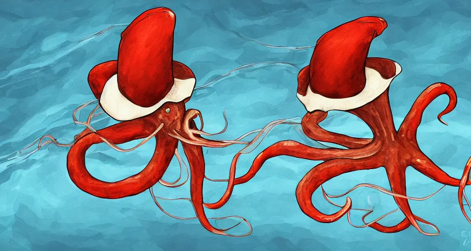 Image similar to Giant Squid wearing a top hat, swimming through the ocean, digital painting, Photoshop