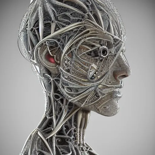 Prompt: beatifull frontal portrait of a woman, biomechanical sculpture, fractal, intricate, elegant, highly detailed, ornate, elegant , luxury, beautifully lit, ray trace