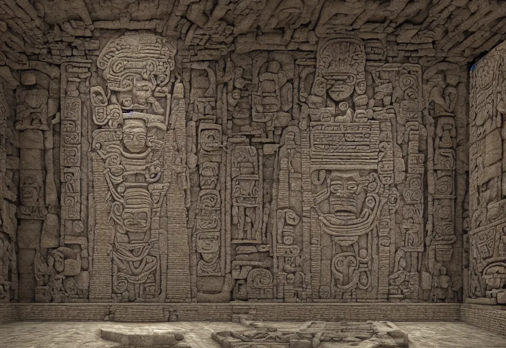 Prompt: a mayan temple interior with symmetric recogniseable giant face portrait of a mayan god-emperor in the center Carved in stone relief style behind an ancient altair of sacrafice. 3d render. Realistic. Well Detailed. Torch light. Omnious, intricate. H.r. giger painting influenced by alien reliefs