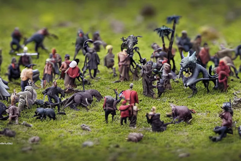 Image similar to miniature figurines of heironymus bosch monsters, tilt shift, product photography