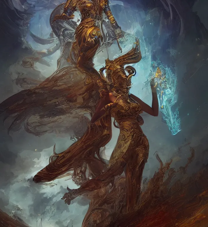 Image similar to full body illustration of a goddess, tarot card, dark souls colour scheme, establishing shot, coherent, high detailed, kerem beyit, Karol Bak, peter mohrbacher featured on artstation