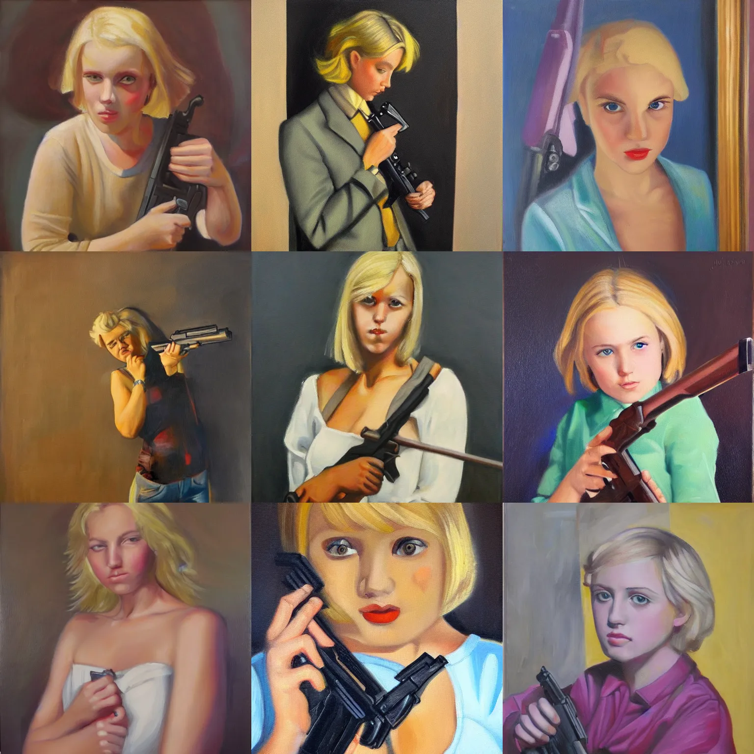 Prompt: young blonde with a gun, oil on canvas,