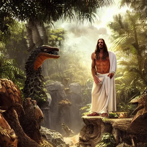 Prompt: a detailed matte painting of a ridiculously good looking jesus who is best friends forever with a velociraptor, elegant ancient greek dress, jungle as the background, drinking a martini, very detailed, beautiful, intricate, art by greg rutkowski and robert e howard, octane render