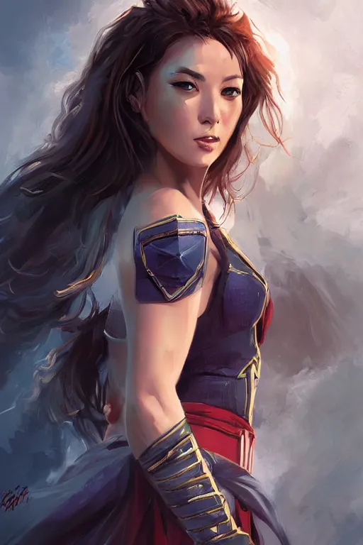 Image similar to three quarters portrait of a beautiful woman,super hero costume,heroic pose,highly detailed, digital painting,illustration, art by Stanley Lau