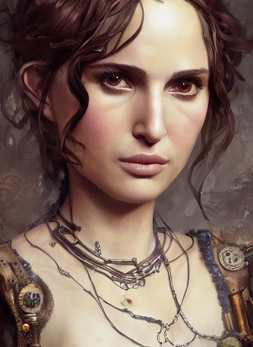 Image similar to steampunk clockpunk portrait of natalie portman, au naturel, hyper detailed, digital art, trending in artstation, cinematic lighting, studio quality, smooth render, unreal engine 5 rendered, octane rendered, art style by klimt and nixeu and ian sprigger and wlop and krenz cushart.