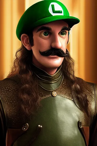 Image similar to very very intricate photorealistic photo of a realistic human version of luigi wearing his hat in an episode of game of thrones, photo is in focus with detailed atmospheric lighting, award - winning details