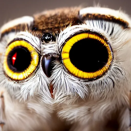 Prompt: jumping spider mixed with owl with 4 eyes and 8 legs,owl feathers, cute creature, hybrid, anamorphic lens, bokeh, kodak color film stock, macro shot