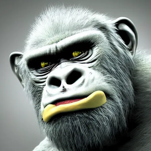 Image similar to angry tough albino gorilla, punk gorilla with mohawk hair. interesting 3 d character concept by tiger hkn and gediminas pranckevicius, game art, hyper detailed, character modeling, cinematic, final fantasy, video game character concept, ray tracing, fur details, maya, c 4 d