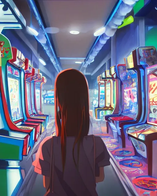 Image similar to a girl at the arcade, full shot, visible face, ambient lighting, detailed, very modern anime style, art by hayao miyazaki, makoto shinkai