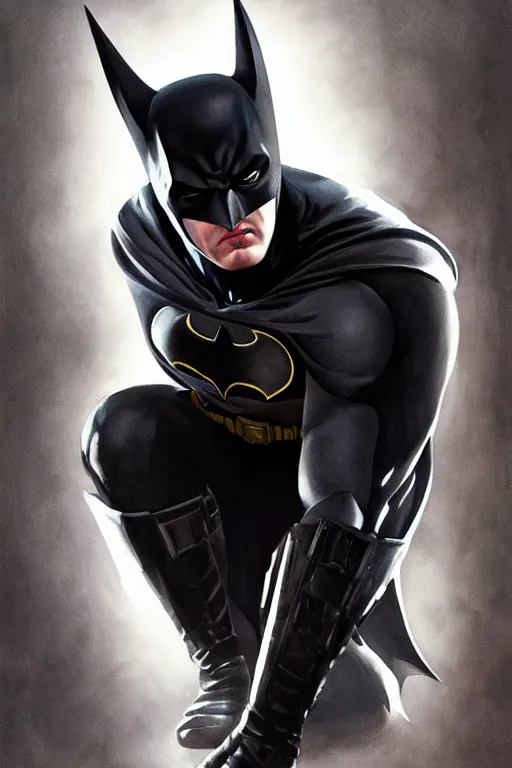 Image similar to Portrait of Michael Keaton as Batman, dark cinematic lighting, intricate, elegant, highly detailed, digital painting, artstation, painted by Artgerm and Mark Waid and Greg Rutkowski and Mandy Jurgens