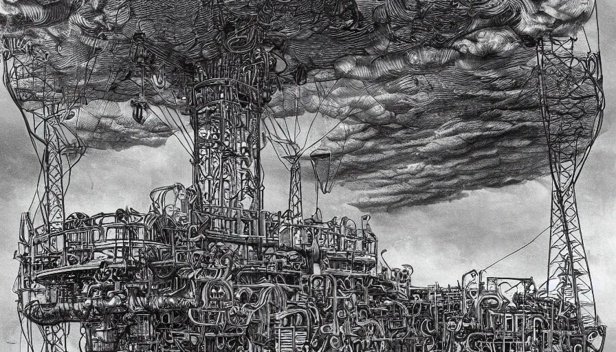 Prompt: Buckminster at home in an inflated stainless steel chrome gondola in the clouds, people are hanging by steel cables. Oil rigs in the sky. Intricate technical drawing. Mammatus clouds. Ornate, brilliant, utopian, detailed, Golden ratio, solarpunk